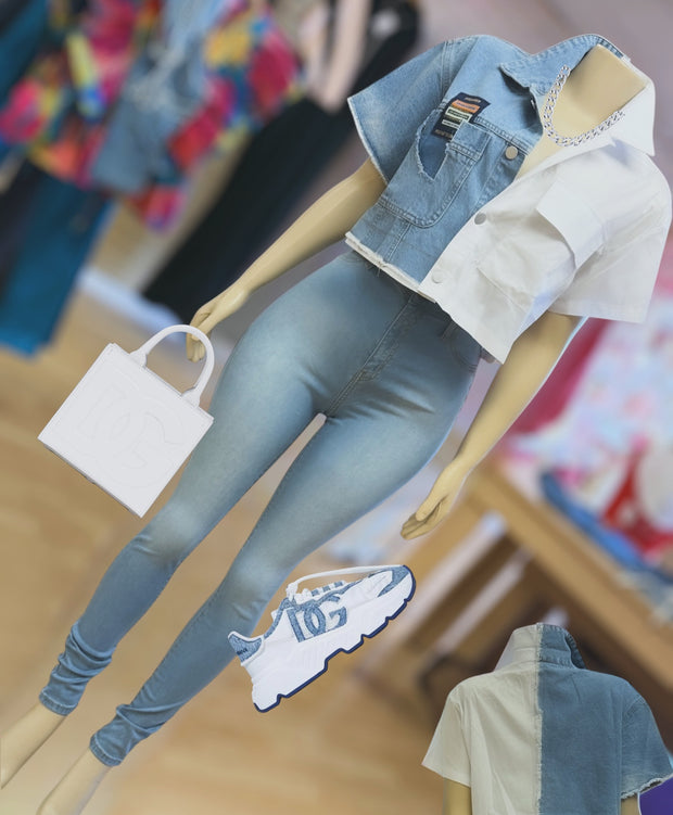 Denim x and White With Detail Top ( White)