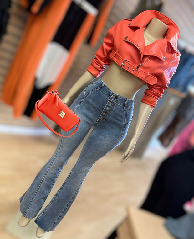 Crop Belt Faux Leather Jacket ( Coral)
