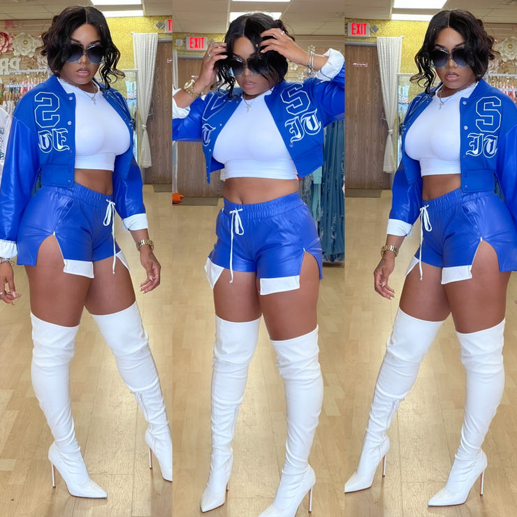 Faux Leather Jogger With White Shorts (Blue)