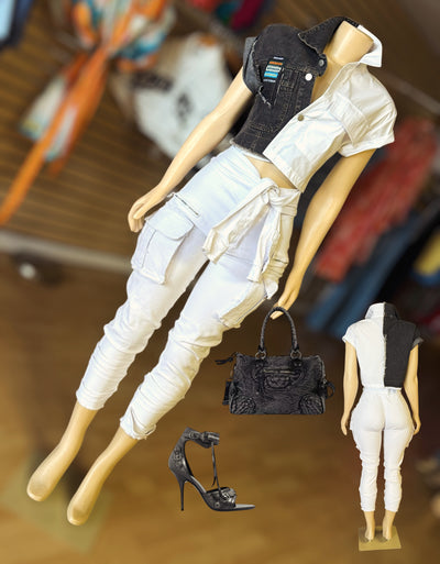 Sleeve Connected White Denim Cargo Jeans
