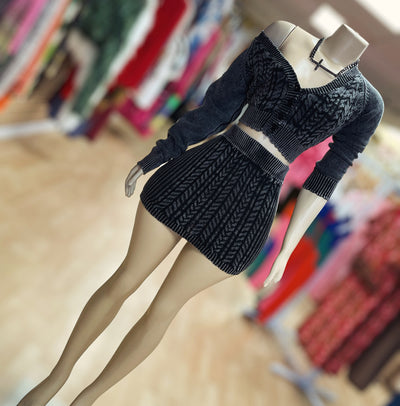 That Cute Sweater and Matching Vintage Off Shoulder Skirt Set ( Vintage Black)