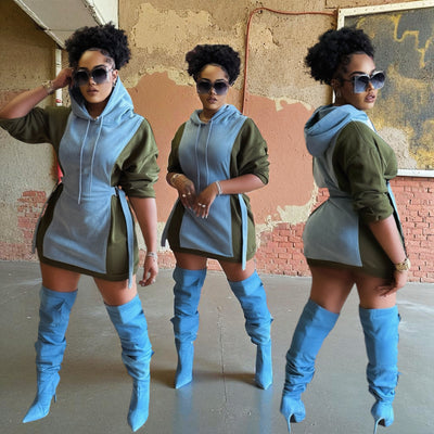 Side Olive and Front Denim Hoodie Dress/Top