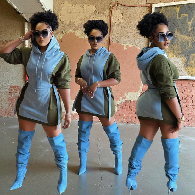 Side Olive and Front Denim Hoodie Dress/Top
