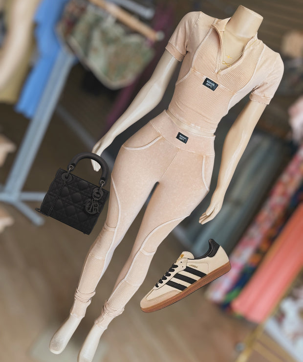 “Zip UP” Mineralwash  Stretch Top and Legging Set (Beige)