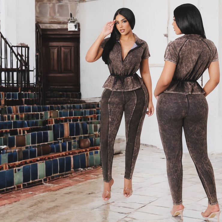 “Babydoll” Flare Stretch Top and Legging Set (Blackish)