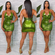 METALLIC HALTER DRESS ( Lime Green)