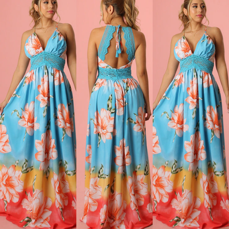 The Tropical Lace Detail Dress (Blue)