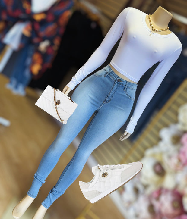 Mid Length LONG SLEEVE CROP T SHIRTS (White)