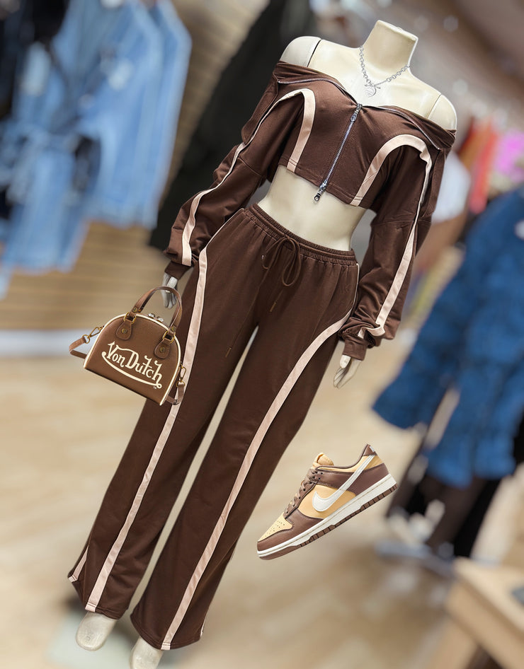 Tan and White Straight Pants Set