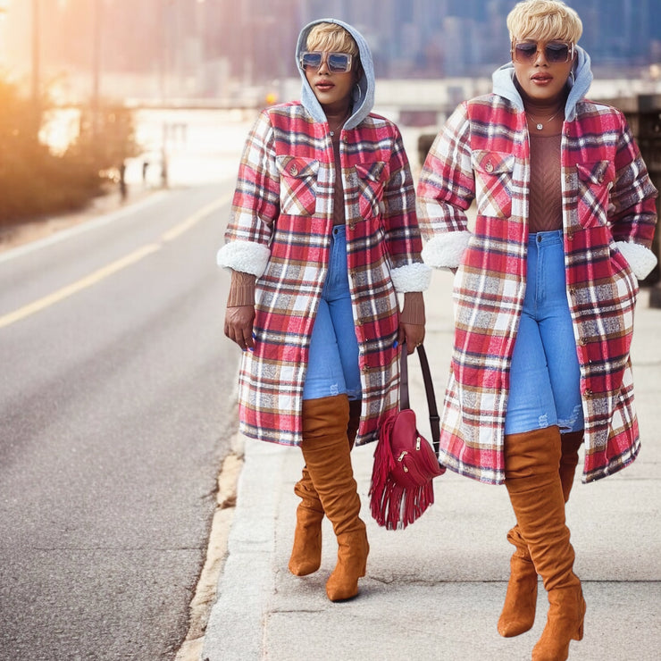 Extended Length Plaid Coat w/Hoodie