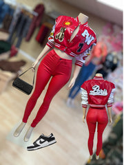 Faux Leather Bomber Jacket With Patch Work ( Red)