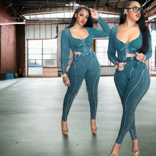 MINERAL WASHED TOP AND LEGGING SET(Green)