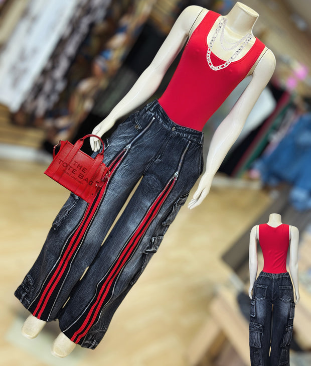 Red and Black ACID WASH CARGO JEANS WITH ZIPPER