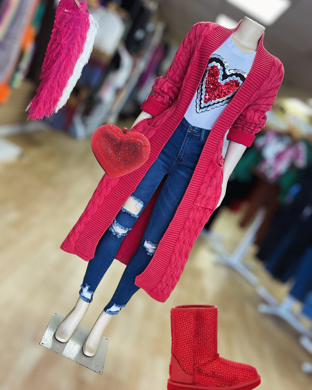 Thick Cable Long Vintage Sweater Cardigan (Valentines Day Red)