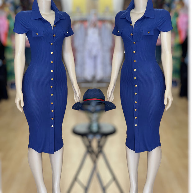 Cotton Button Collar Dress ( Royal Blue)