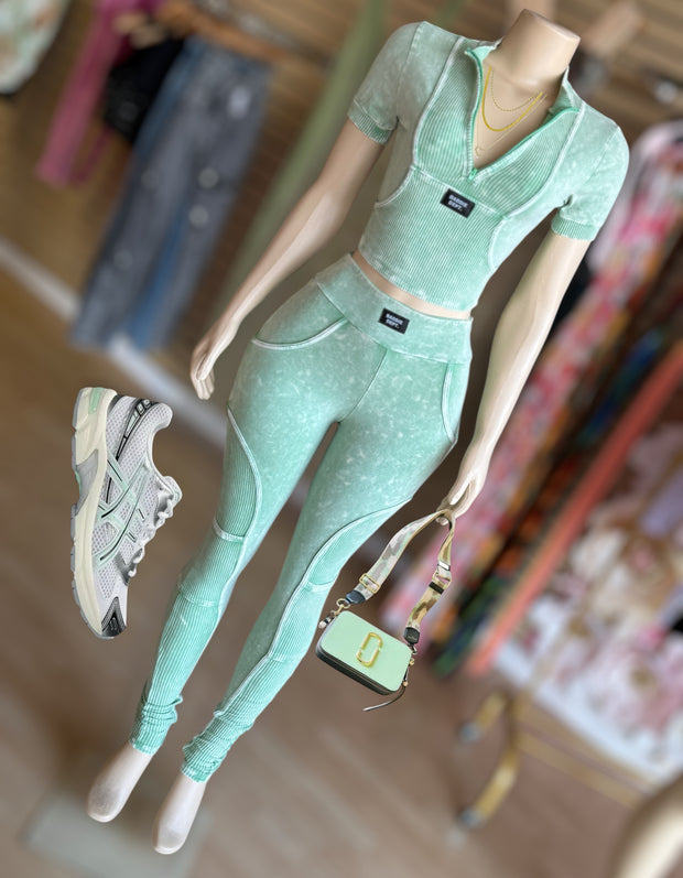 “Zip UP” Mineralwash  Stretch Top and Legging Set (Sage)