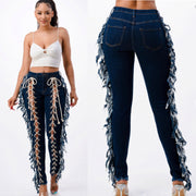 My Lace Up and Fringe “Straight Leg”Jeans ( Dark Wash)