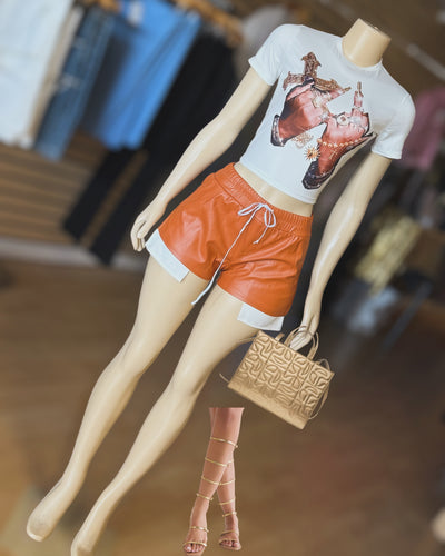 Faux Leather Jogger With White Shorts (Dark Tan)