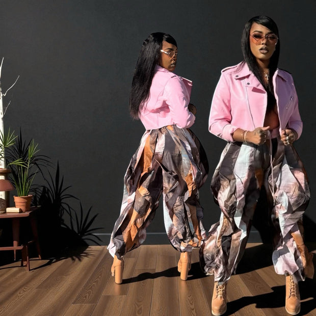 Waist Length Crop Faux Leather Jacket ( Pink)