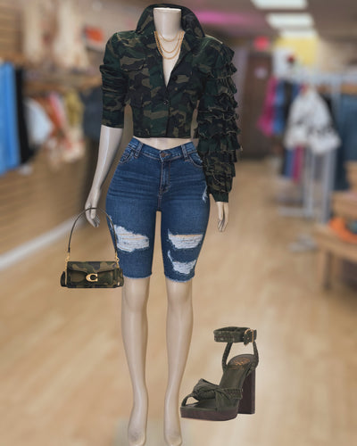 That Right Arm Ruffle Detail Army top/jacket
