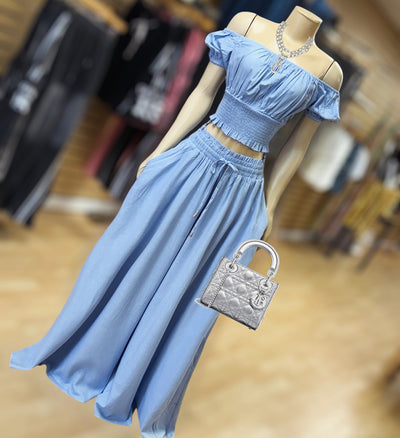 Off Shoulder Blouse And Wide Leg 2 Piece Linen Set ( Denim Blue)