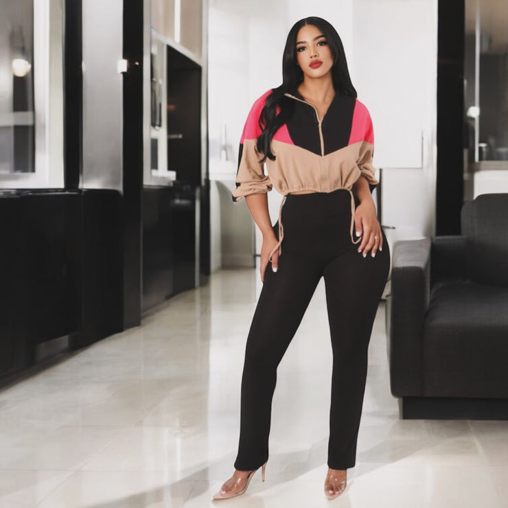 Cotton Color Block Pants and Jacket Set (Tan and Black )