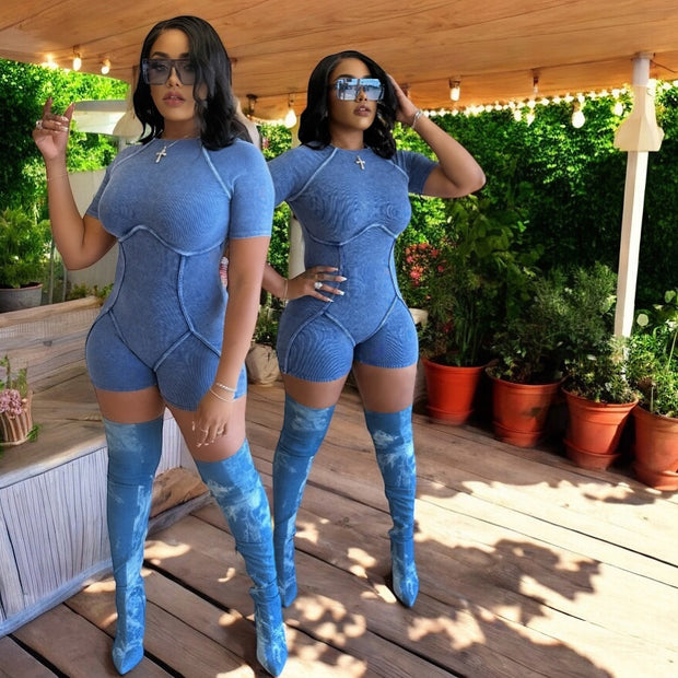 Mineral Washed Bodycon Romper With Piping