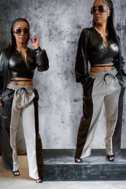 Faux Leather and Grey Pockets Pants