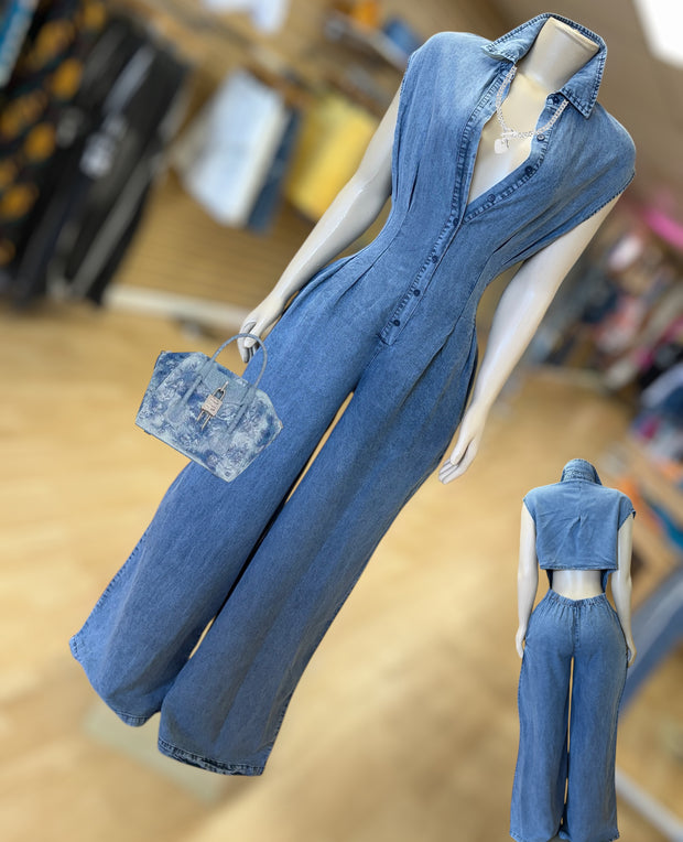 Denim Button Up/Down Jumper With Open Back ( Mid wash)