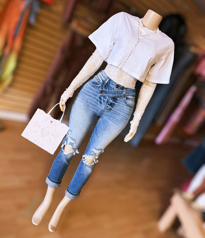Lace and Shirt Connected Bodysuit (White)