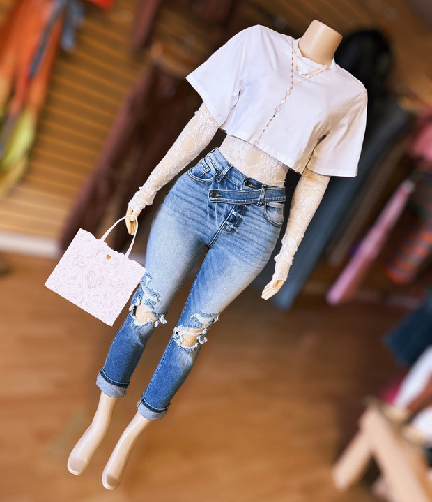 Lace and Shirt Connected Bodysuit (White)