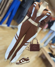 Cotton Zip up Jacket and Matching Pants Set (Tan and White)