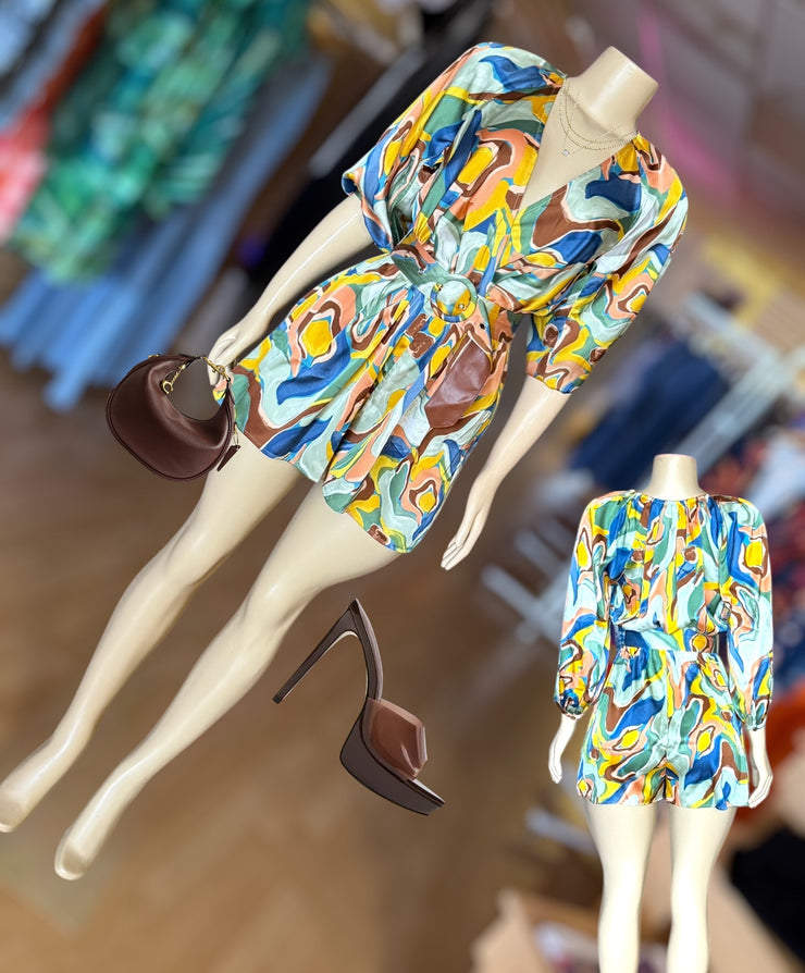 Abstract Satin Sleeve Belted Romper