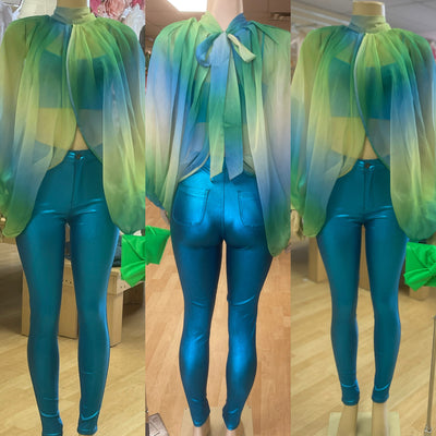 Sheer Back Bow Two Tone Blouse(Green)