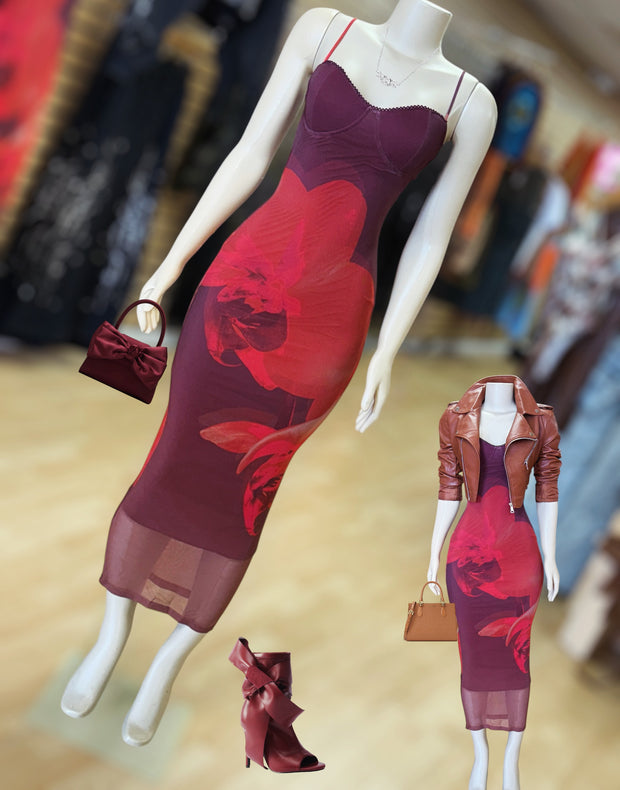 Floral Detail Bustier Spaghetti Strap Midi Dress