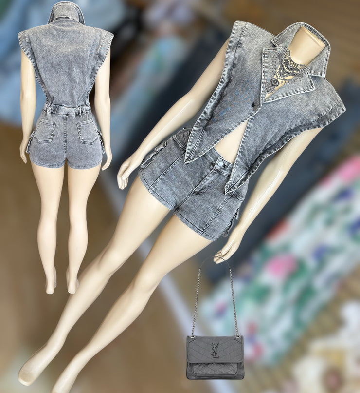 Acid Washed Connected Denim Romper( Acid Black)