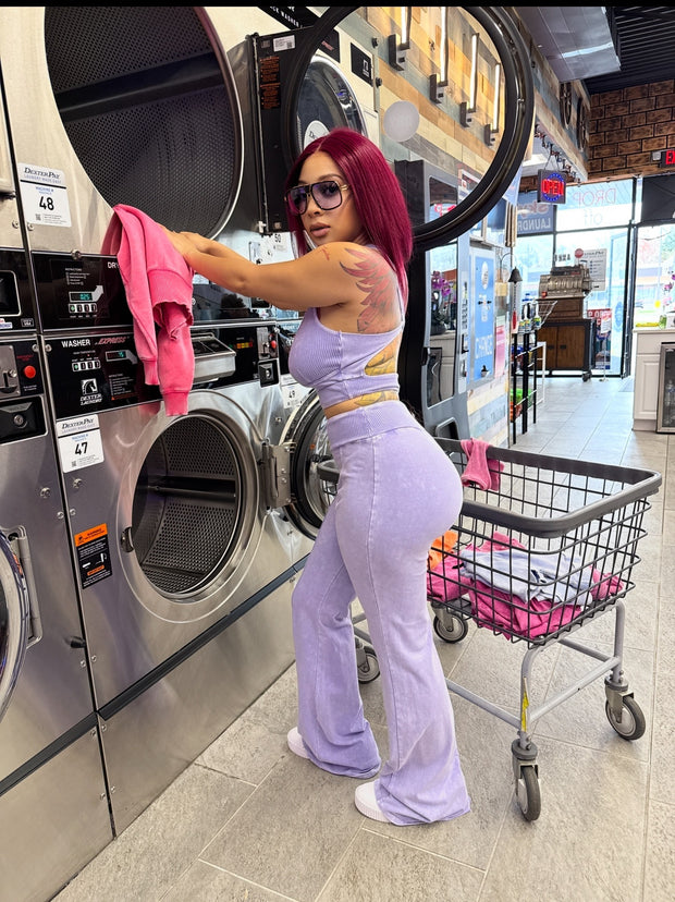 MINERAL WASHED CROP CORSET AND WIDE LEG PANT SET (Lavender)