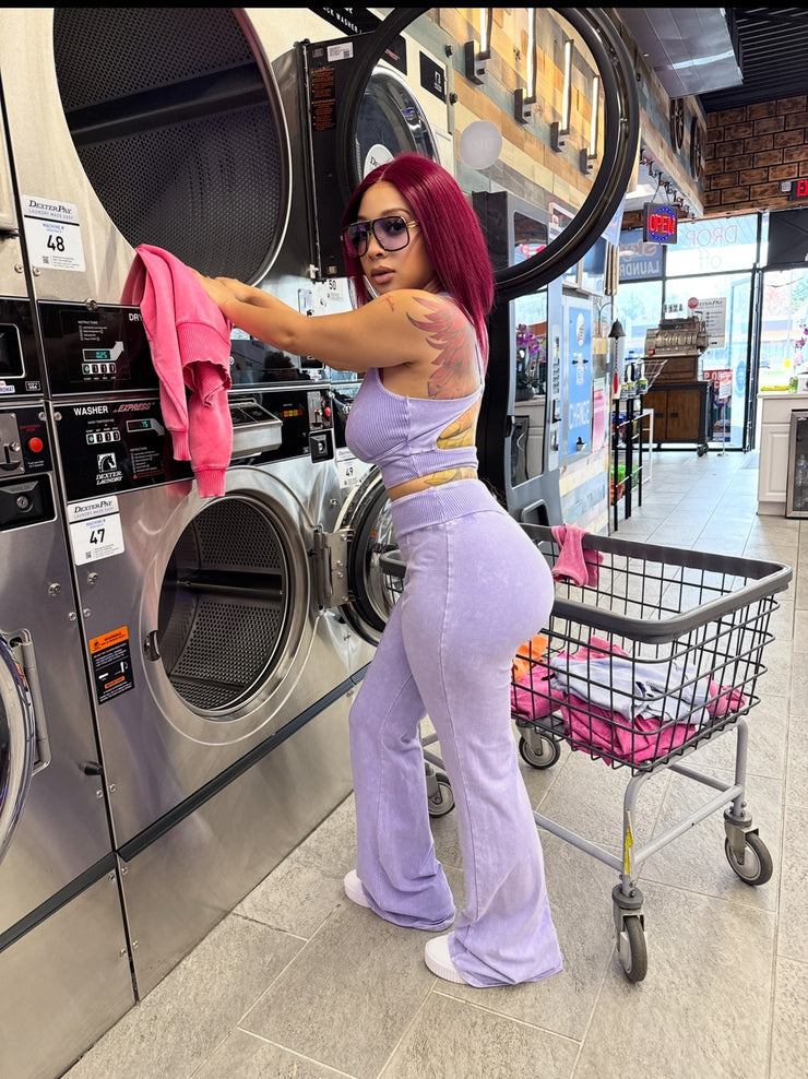 MINERAL WASHED CROP CORSET AND WIDE LEG PANT SET (Lavender)