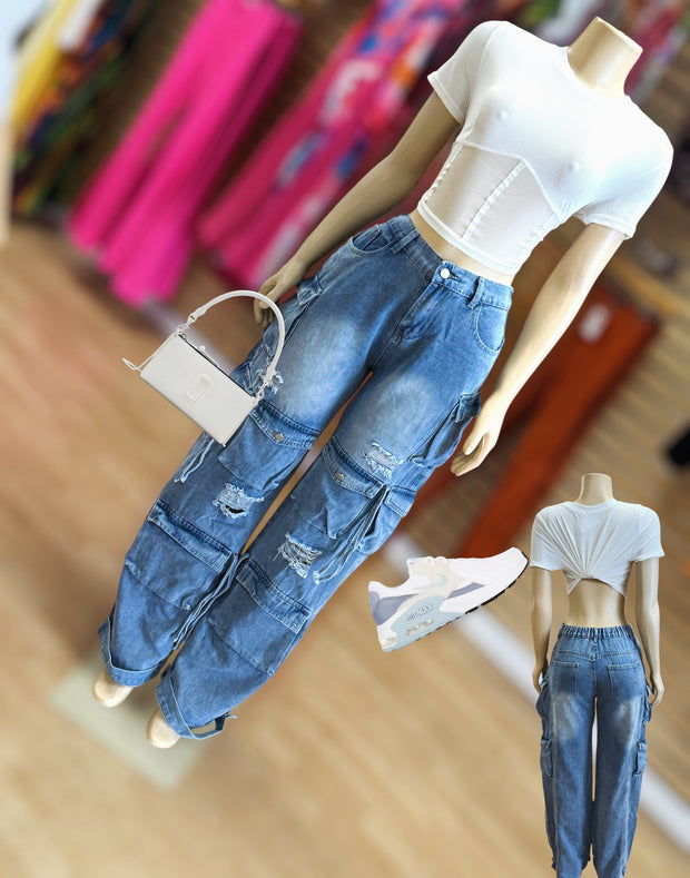 Wash Out Pockets Cargo Jeans