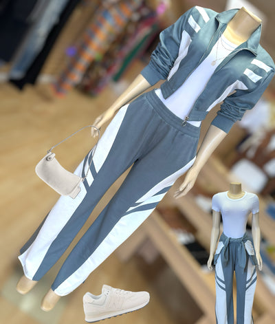 Cotton Zip up Jacket and Matching Pants Set (Light Olive and White)