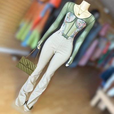 Mesh Long Sleeve Corset TOP (Olive)