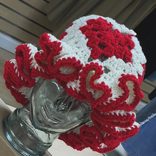 Hand Made KNIT CROCHET  Heart HAT (Red and Cream)