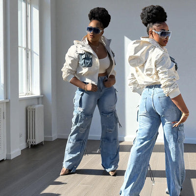 Cream with Denim Jacket Hoodie Jacket