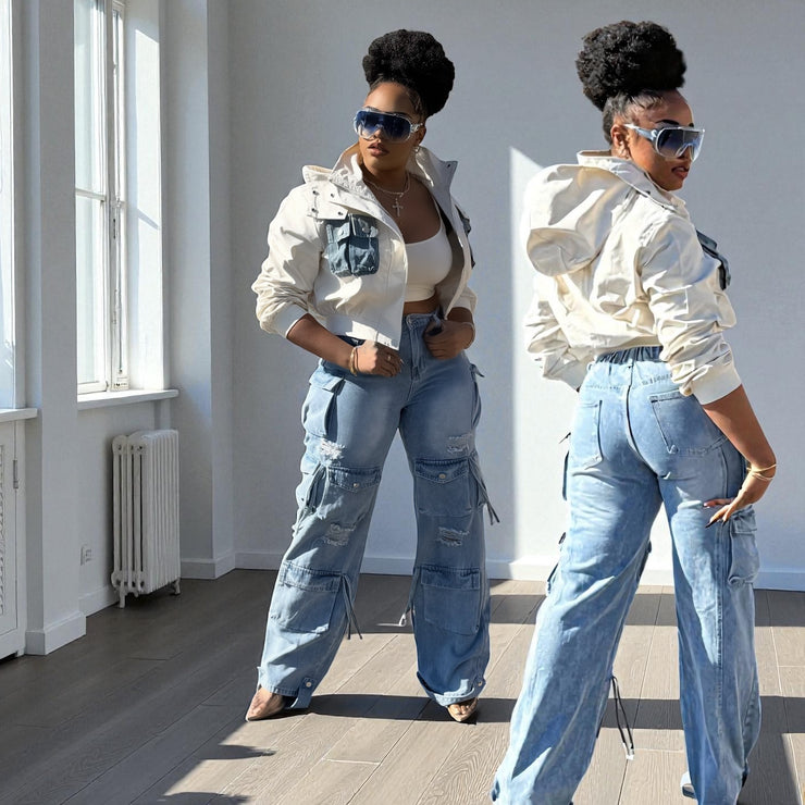 Cream with Denim Jacket Hoodie Jacket