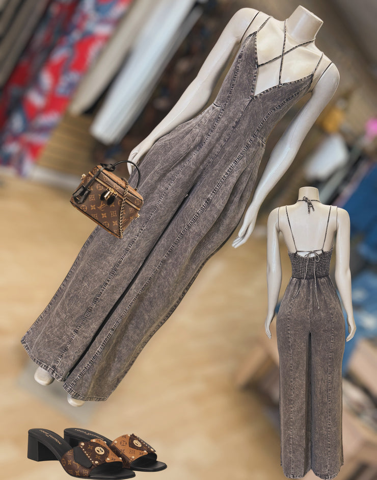 Acid Washed Connected Denim Romper(Denim)