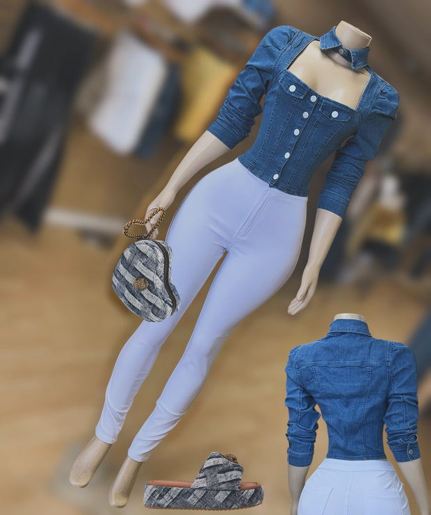 Collar Puff Cutout Denim Top