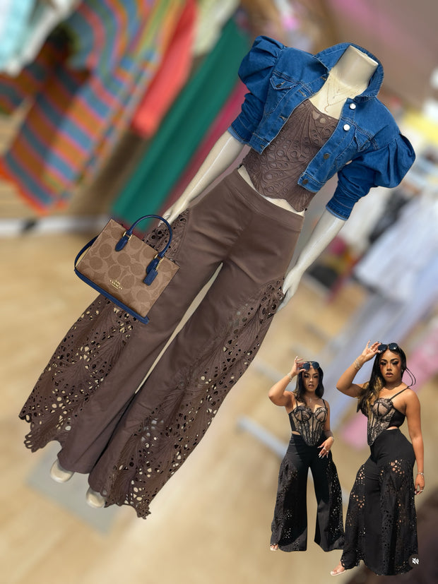 Lace Cut-out Top And Pant Two Piece Set (Brown)