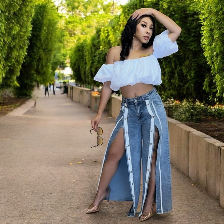 High Rise Striped Wide Leg Jean With Snap Button