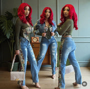 The Flower Print Detail Denim Jacket and Jean Set