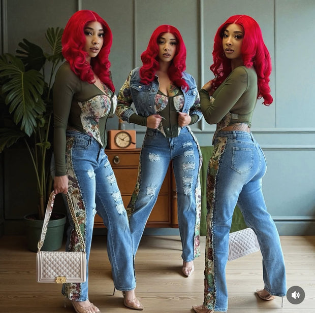 The Flower Print Detail Denim Jacket and Jean Set